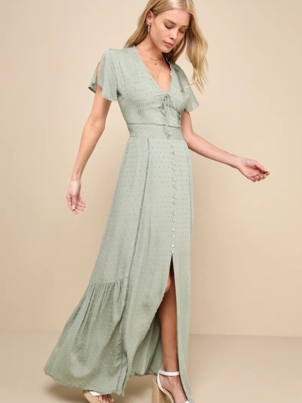 Lulu's Sage Green Textured Button-Front Maxi Dress